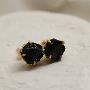 8-10mm Raw Black <b>Tourmaline</b> Stone Gold Plated Prong Set Stud <b>Earrings</b> Handmade Birthstone Dainty Minimalist Jewelry for Women - Product Image 3