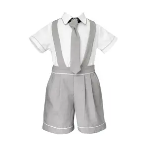 Custom Apparel Baby Boy Set 3 Pieces Outfits Tie White Short Sleeves Shirt Grey Short Shoulder Strap Pants - Paul Set