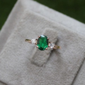 Handmade Minimalistic Women's Sterling <b>Silver</b> 925 <b>Ring</b> <b>Emerald</b> Green Oval Stone CZ May Birthstone for Weddings - Product Image 1