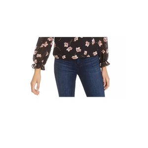 Top da Donna Bar III Autunnale Bohemien con Stampa Floreale, Colletto Arricciato, Vestibilità Ampia, Taglia XL, in Chiffon di Seta Nero Lavorato a Maglia - Product Image 3