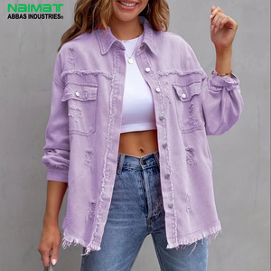 Chaqueta vaquera morada para mujer, desgastada, oversize, con dobladillo deshilachado, manga larga, abotonada, estilo casual y holgado - Product Image 1