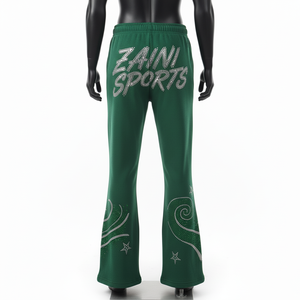 Pantalones Acampanados de Felpa de Algodón y Poliéster Premium, Verde Oscuro, Tela Suave y Cálida, con Pedrería Termoadhesiva y Logotipo Personalizado - Product Image 2