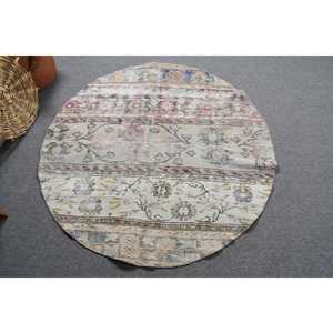 Turkish Round Rug 4.4x4.5 ft, White <b>Red</b> Animal Print Rug <b>Wool</b> - Product Image 4