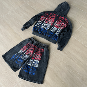 Conjunto de Pantalones Cortos y Sudadera con Capucha de Algodón Lavado al Ácido para Hombre, Ropa Deportiva Personalizada de Dos Piezas - Product Image 1