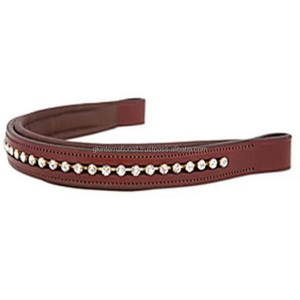 Bande de sourcils de cheval rembourrée en cuir véritable marron clair, luxe, canal vide, personnalisé avec 1 rangée de cristaux clairs, bande de sourcils bling - Product Image 4