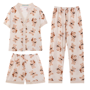 Set Pigiama 3 Pezzi in Seta di Latte Kawaii, Stile Casual Taglia XL, Morbido con Elastico in Vita, Vestaglia con Motivi Animali Cartoon, Fresco e Leggero per la Notte - Product Image 2