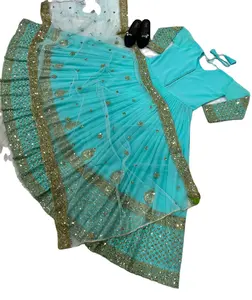 Himmelblau gefärbte Designer schwere Georgette Designer Ärmel in voller Länge Anarkali Kleid mit Dupatta für erwachsene Frauen