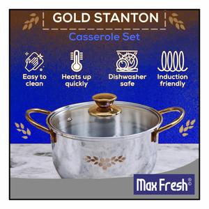 Ensemble de 3 casseroles en acier inoxydable Maxfresh Gold Stanton avec couvercle en verre et boutons dorés pour cuisinière à gaz à induction - Product Image 4