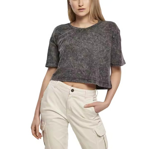 Venta al por mayor de las mujeres personalizadas de estilo lavado ácido Camiseta de cuello redondo de poliéster pesado/algodón de color gris - Product Image 5