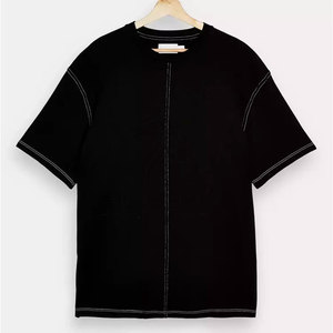Camiseta de manga corta con cuello redondo de algodón orgánico para hombre, diseño de puntadas en contraste con tejido de punto, cuello en V de algodón suave - Product Image 4