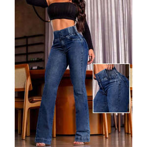 Jeans de mujer con cintura alta, lados elásticos y botones al frente, 31783 - Azul marino - Product Image 1