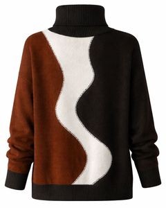 Custom Premium Women Turtleneck Color Block Knit Sweater Soft Warm Winter Pullover Casual Fashion Top Black <b>Brown</b> White Color - Product Image 2