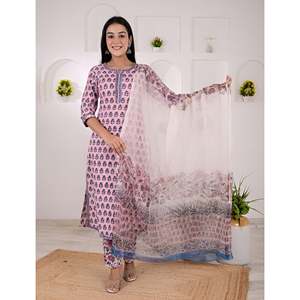 Conjunto de Kurta y Pantalón de Algodón con Estampado de Bloques Rosa, Estilo de Ropa Americana - Product Image 1
