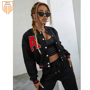 2025 nueva llegada chaqueta Varsity para mujer de MEGA EMPIRE manga de lana negra transpirable estampado impermeable a prueba de viento - Product Image 5
