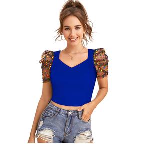 Tops cortos azules de alta demanda exclusivos de Indian Boutique, ropa regular de punto cómoda, mangas sin mangas, apliques elegantes formales - Product Image 1
