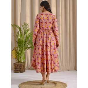 Vestido Largo Angrakha Rosa con Estampado Jaal, Elegante, Cintura Imperio, Impresión Digital, 100% Algodón, Largo hasta el Suelo, Talla XL, para el Día - Product Image 5