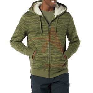 Stylish Olive Green Camo <b>Hoodies</b> for Men <b>Sherpa</b> Lined Cozy Design 320 GSM Cotton Blend Casual Zip Closure Pullover Collar Style - Product Image 1