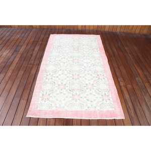 Turkish <b>Vintage</b> <b>Rug</b> 3.5x6.6 ft (108x200 cm), Pink Abstract Wool <b>Rug</b> - Product Image 1