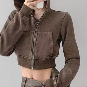 Oem Custom logo High Quality Print Embroidery Vintage Cropped Hoodies Wholesale Cropped Zip Women Hoodies - Product Image 1