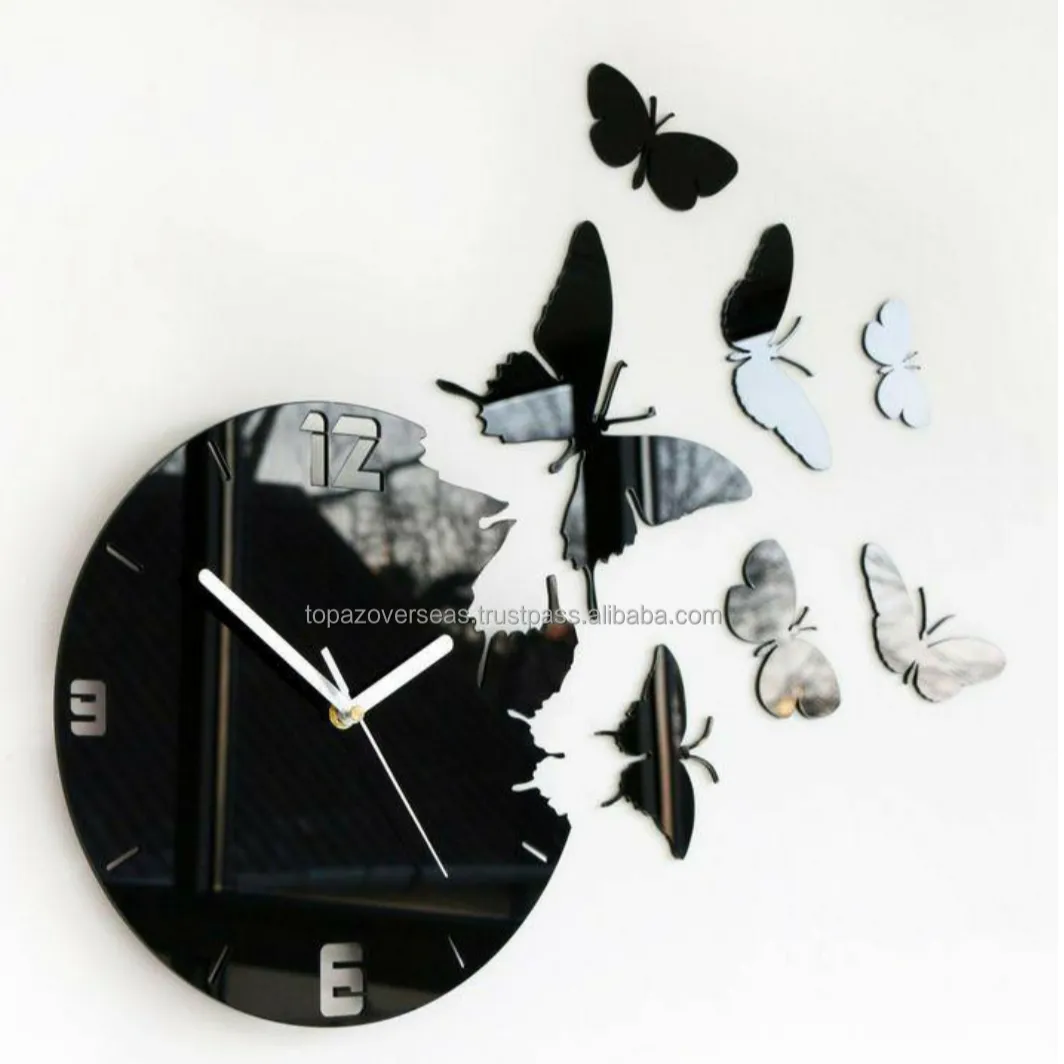 Fashion dekorasi rumah 3D cermin akrilik kupu-kupu jam tangan aman desain modern jam dinding jarum stiker