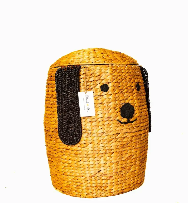 Cestino portaoggetti in giacinto d'acqua naturale decorato con faccia di cane, cestino di grande capacità adatto a molti spazi di archiviazione