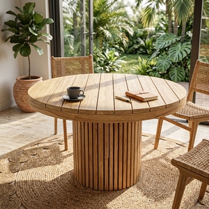 Outdoor Solid Teak Wood Round <b>Bistro</b> Set Fluted Column Pedestal <b>Table</b> Chairs Garden Dining Furniture Setup Art Design Decor - Product Image 3