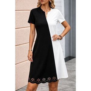 Robe en crêpe importée à manches courtes, col en V, bicolore, avec détails floraux découpés au laser, pour femmes, 36261 - Noir - Product Image 1