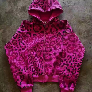 Vêtements de rue personnalisés en éponge française Ensemble 2 pièces pour hommes Pantalon de survêtement à fermeture éclair à imprimé léopard Survêtements de jogging Baggy à capuche personnalisables - Product Image 4