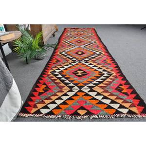 Vintage Turkish Kilim Rug 2.8 X 10ft <b>Red</b> Orange <b>Wool</b> with Latex Backing New Abstract Pattern for Entryway Hallway 9x12 Jute Rug - Product Image 4