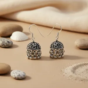 Cultural Indian Bohemia Style 925 Silver Jhumka Earrings for Women's Wedding Gift Collection Wholesale SKU AGER-22698 - Product Image 2