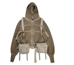 Custom Men's Oversized Zipper-Up Detachable Harness <b>Cargo</b> <b>Bag</b> Faded Washed Color Hip Hop Crop Hoodies with Embroidered Technics - Product Image 1