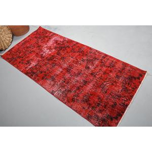 Turkish Vintage Rug, 3.1x6.8 ft Rug, <b>Red</b> Black Floral <b>Wool</b> Rug - Product Image 1