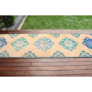 Alfombra de 2.9x11.3 pies, Alfombra Turca Vintage, Alfombra de Lana Azul Abstracta - Product Image 3