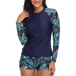 <b>Women</b> Two Pieces Vintage Print <b>Rash</b> <b>Guard</b> Swimwear Long Sleeve Shirt Shorts Surf Top Retro Print Running Shirt Split Swimsuit - Product Image 1