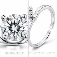 Bague de fiançailles minimaliste en argent sterling S925 pour femme, ajustable, à 4 griffes, avec moissanite 1 carat D VVS 3EX