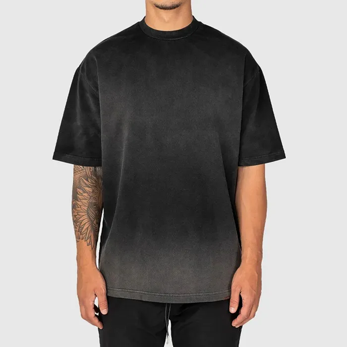 Maatwerk Groothandel Zwaargewicht Katoenen T-Shirt Basisstijl Korte Mouw Mannen Retro Zwart Gewassen Vintage T-Shirt Voor Heren