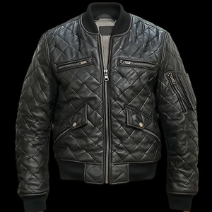 Blouson bombardier en cuir matelassé vintage pour hommes avec capuche tissu en toile de laine respirant décor de poche brodé enduit de fourrure - Product Image 3