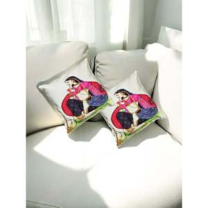 Set of 2 Traditional Rajasthani Lady Digital Print 16x16 Multicolor Cushion <b>Covers</b> Handmade <b>Sofa</b> Decorative <b>Throw</b> Pillow <b>Covers</b> - Product Image 2