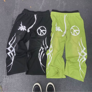 Pantalones Deportivos Acampanados para Hombre, Negros con Estampado del Símbolo de la Paz Verde, Cintura Elástica con Cordón, Estilo Urbano, Joggers Casuales de Verano - Product Image 1
