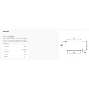 Difusor Helicoidal Circular de Metal Pintado en Blanco Tecnosystemi DCEP con 36 Ranuras, Regulador de Flujo y Rejillas - Product Image 2