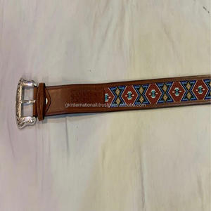 Customized Handmade Single Layer <b>Western</b> Leather Tooled <b>Belt</b> Multicolored Beaded Strap Inlay Basket Embossed with Antique Buckle - Product Image 4
