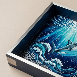 Bandeja de Madera Cuadrada Hecha a Mano con Diseño de Tiburón y Océano, Decoración Artesanal de Lujo para el Hogar, Biodegradable, Venta al por Mayor - Product Image 2