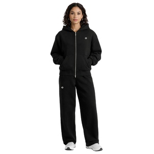 Conjunto de Sudadera con Capucha y Pantalones Deportivos para Mujer, Color Negro, Cierre Completo, Felpa Gruesa, Cintura Elástica, Dos Piezas, para Marcas Personalizadas, Venta al Por Mayor OEM - Product Image 1