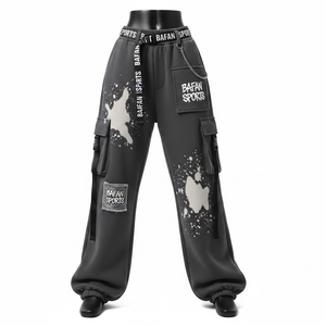 กางเกงขายาวทรงแบ็กกี้สำหรับผู้หญิง ผ้าฝ้ายผสมโพลีเอสเตอร์เนื้อฟลีซ 320 GSM สีดำ ดีไซน์คาร์โก้ พิมพ์ลายสกรีน โลโก้สั่งทำได้ มีจำหน่าย - Product Image 6