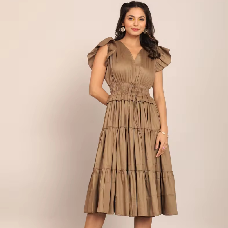 slim fit dress slacks Khaki Shoulder Tie Fitted Maxi Knit Dress  Aquarius Brand