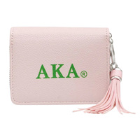 Dompet AKA Pink & Green dengan Gantungan Kunci Rumbai dan Liontin Daun Ivy, Dompet Resleting Kulit Imitasi, Tempat Kartu, Dompet Koin