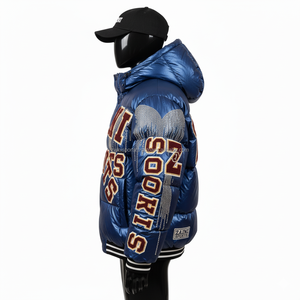 Premium Quality Women Puffer <b>Jacket</b> 380 GSM Shiny Nylon Material Blue <b>Quilted</b> Design Custom Patch Logo Puffer <b>Jacket</b> for women - Product Image 3