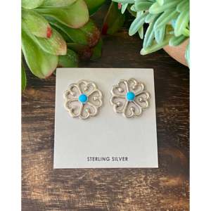 Victor Pena Kingman Turquoise & Sterling <b>Silver</b> Bezel-Set Flower <b>Stud</b> Earrings - Product Image 1
