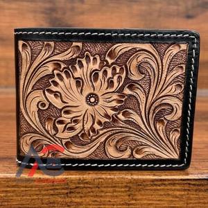 Cartera rústica occidental para hombre, tarjetero plegable de cuero genuino hecho a mano con detalle floral y bolsillo elegante para monedas - Product Image 1
