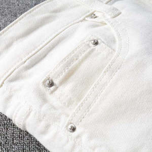 Customizable Elastic Waist High Street Colored Jeans Custom Pleated White Ripped Skinny Regular Fit Denim <b>Men's</b> Jeans - Product Image 4